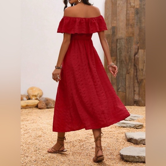 Red Off Shoulder Dress Midi with Side Leg Slit - Picture 5 of 7